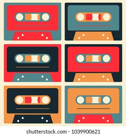 Retro cassettes simple design set, flat illustration.