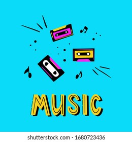 Retro cassettes and videotape surrounded by notes vector illustration in doodle style.