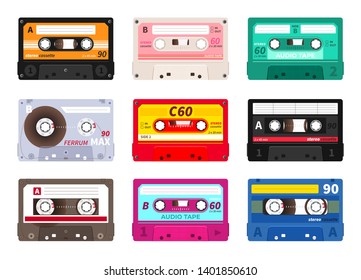Retro cassettes. Vintage 1980s music tape, dj rave party mix, realistic stereo record set. Vector old school music cassette for media player