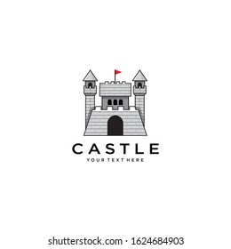 Retro castle illustration with red banner and text space. Communicates metaphor of guard, protection, safety, security, strength and force. Clear symbol to illustrate idea of history and traditions