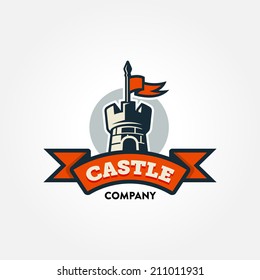 Retro castle illustration with red banner and text space. Communicates metaphor of guard, protection, safety, security, strength and force. Clear symbol to illustrate idea of history and traditions