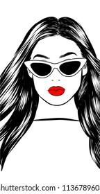 Retro Cat eye sunglasses fashion illustration, 90s style modern renaissance .Stylish girl with big lips and natural makeup. Perfect eyebrows and long eyelashes.Silky healthy hair. Business card idea