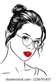 Retro Cat eye sunglasses fashion illustration, 90s style modern renaissance .Stylish girl with big lips and natural makeup. Perfect eyebrows and long eyelashes.Silky healthy short bob hair. 