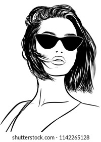 Retro Cat eye sunglasses fashion illustration, 90s style modern renaissance .Stylish girl with big lips and natural makeup. Perfect eyebrows and long eyelashes.Silky healthy short bob hair. Business 