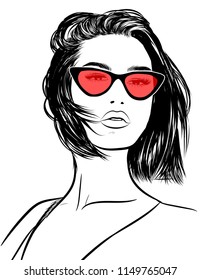 Retro Cat eye sunglasses fashion illustration, 90s style modern renaissance .Stylish girl with big lips and natural makeup. Perfect eyebrows and long eyelashes.Silky healthy short bob hair. Business c