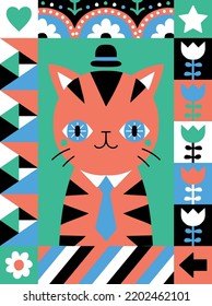 Gato retro con ilustración del vector de sombrero