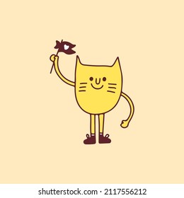 Retro cat holding love flags, illustration for t-shirt, poster, sticker, or apparel merchandise. With cartoon style.