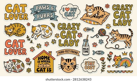 Retro cat sticker collection featuring various feline illustrations, paw prints, and text motifs like Cat Lover and Crazy Cat Lady in a vintage color palette on a cream background.