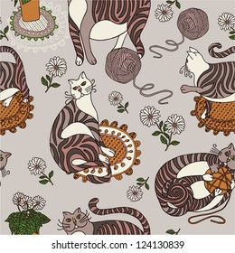 Retro cats background, fashion seamless pattern, colorful vector wallpaper, graphic wrapping, colorful swatch fabric, artistic decoration and design