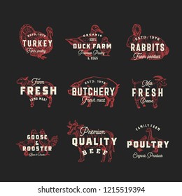 Retro Cattle and Poultry Vector Logo Templates Set. Hand Drawn Vintage Domestic Animals and Birds Sketches with Vintage Typography. Pig, Cow, Chicken, Rabbit, Turkey, etc. Isolated Labels Collection.