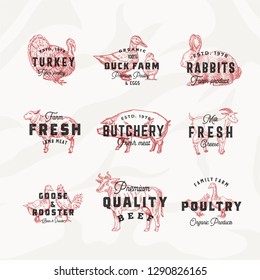 Retro Cattle And Poultry Vector Logo Templates Set. Hand Drawn Vintage Domestic Animals And Birds Sketches With Vintage Typography. Pig, Cow, Chicken, Rabbit, Turkey, Etc. Meat Texture Background.