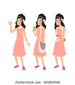 Retro Caucasian school girl in the old fashioned pink dress in three different variations with coffee, mobile phone, and two kind of school bags.