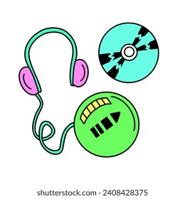 Retro CD Player, Headphones and compact disc. Portable audio player, 90s musical equipment. Pop culture Y2K design. 90s 00s style hand drawn vector illustration