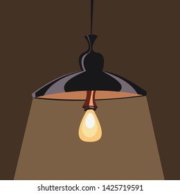 Retro ceiling lamp with light against the wall. Flat vector illustration in cartoon style.
