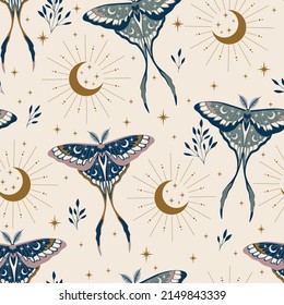 Retro celestial seamless pattern with herbs. Boho magic background with space elements stars, butterflies. Vector doodle texture.