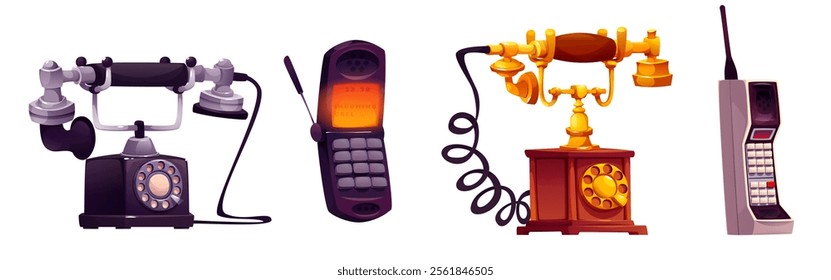 Retro and cell phones set isolated on white background. Vector cartoon illustration of vintage telephones with dial, cord, buttons, radio antenna. Communication device evolution, technology progress