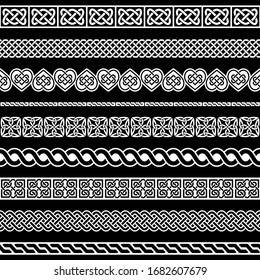 Retro Celtic collection of braided ornaments in white on black, traditional ornaments from Ireland 
