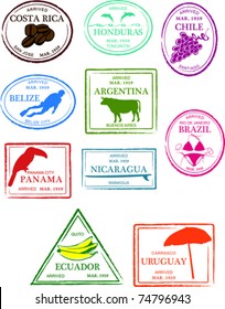 Retro Central and South America Set of Fun Country Passport Stamps Vector Illustration