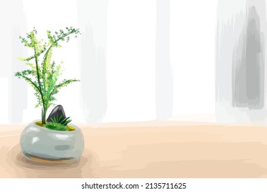 Retro ceramic green plant pot Chinese garden with negative space background for poster or banner. hand painted vector illustration 