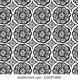 Retro ceramic hand drawn tile repeating seamless pattern. Porcelain background design, black and white floral decor, architectural vintage wallpaper, textile fabric