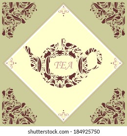 Retro ceramic tile with a teapot framed with floral pattern
