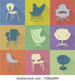 Retro Chair Flat Icons with grunge texture