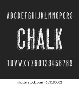 Retro chalk board alphabet font. Letters and numbers on a dark background. Vintage vector typography for your design.