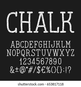 Retro chalk board alphabet font. Letters and numbers and symbols on a dark background. Vintage vector typography for your design.