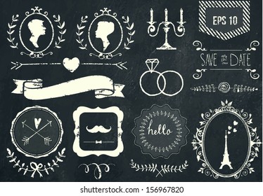 Retro Chalk Elements And Icons Set For Retro Design. Paris Style. With Ribbon, Bow, Eiffel Tower, Border, Woman Profile, Man Profile And Wedding Decor. Vector Illustration. Chalkboard Background. 