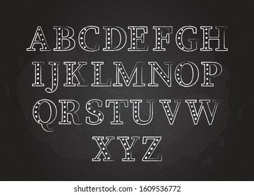 Retro chalk style abc font vector illustration. Blackboard with white chalked contour uppercase english alphabet, filled with vintage dots. Decorative chalk font for education banner or school design