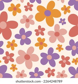 Retro chamomile floral seamless pattern. Cute trendy small flowers. Repeat vector illustration with bright blossoms for greeting card, packaging paper, textile. Elegant print