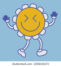 Retro chamomile flower face emoji laughing joy smile. Vintage 50s 60s 70s style retro flower naive emoticon. Worn effect texture. Vector cartoon funny hero with eyes, mouth, hands and legs image.