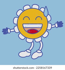 Retro chamomile flower face emoji laughing sweat smile. Vintage 50s 60s 70s style retro flower naive emoticon. Worn effect texture. Vector cartoon funny hero with eyes, mouth, hands and legs image. 