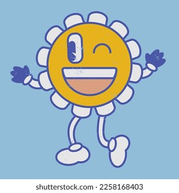 Retro chamomile flower wink eye face emoji smile. Laughing vintage 50s 60s 70s style retro flower naive emoticon. Worn effect texture. Vector cartoon funny hero with eyes, mouth, hands, legs image. 