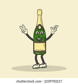 Retro champagne bottle Character Vector Stock Illustration