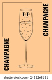 Retro champagne festival poster. Groovy character champagne glass with face. Funky alcohol design for invitation, party, event. Vintage vector illustration 70s, 80s style