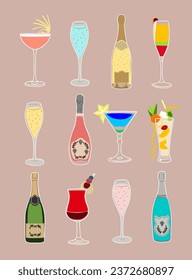 Retro champagne poster with different bottles of sparkling wine and glasses with cocktails. Collection of popular alcohol drinks. Vintage style flat vector illustrations for bar, pub, restaurant decor