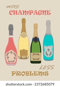 Retro champagne poster with different bottles of sparkling wine, pink, blue, gold. Collection of popular alcohol drinks. Vintage style flat vector illustration for bar cart, pub, restaurant decor.