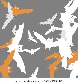 Retro Chaos Print Black Modern Style Simple Art. Orange Creepy White Bats Vector Design Pic. Motion Grey Silver Spooky Halloween Art Illustration. Attack Funny Light Scary Flying Bats Art Pattern.