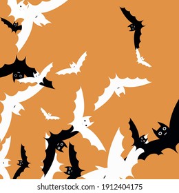 Retro Chaos Print Scary Halloween Art Illustration. White Funny Light Orange Flying Bats Art Pattern. Grey Spooky Attack Black Modern Style Background. Motion Creepy Faces Bats Vector Background.