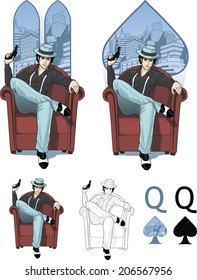 Retro character attractive eastern mafioso woman drawing  with backgrounds, isolated and line-art