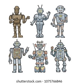Retro character color sketch robots set, doodle friendly vintage robotics collection.