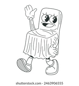 Retro character of cute wedding guest chairs. Black and white vector illustration for coloring book