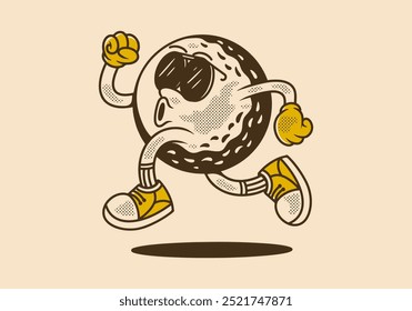 Retro character illustration of golf ball in running pose