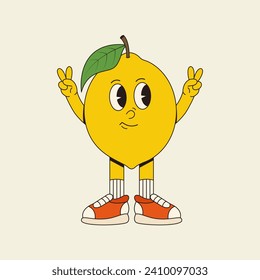 Retro character lemon in trendy groovy 70s style. Vector illustration