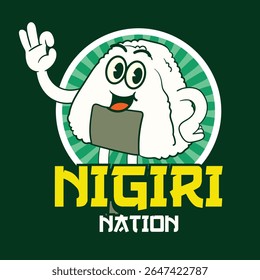 Personagem Retro Mascote de Onigiri Japonês na Ilustração de Desenho Animado Bonito