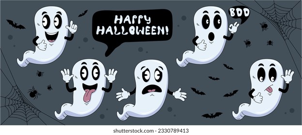 A retro character set for Halloween in the style of cartoon comics. Bringing in the funk style. Modern funny vector illustration.