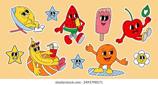 Retro Character Summer Fruit Set. Vector flat banana, lemon, watermelon, orange and cherry in Trendy Groovy Style. Groovy fruit characters