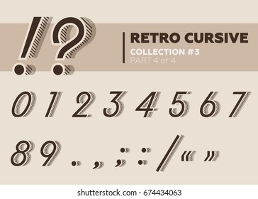 Retro Character Typeset. Vintage Layered Alphabet with Striped Shadow. Coffee Color. Decorative Hand Drawn Cursive Font for Label, Poster, Banner. Old Movie Style.