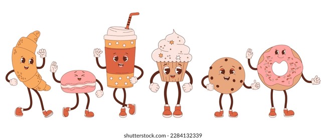 Retro characters confectionery and coffee to go. Cute cartoon sweet croissant, cupcake, donut, chocolate chip cookies and macaron. Vector illustration. Isolated collection desserts in nostalgic style